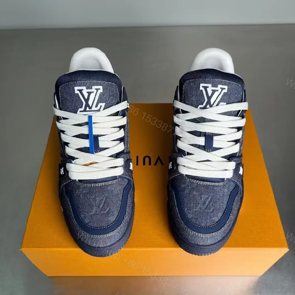 View 3 of Denim-Texture Luxury Sneaker with Signature Motifs, High-Top