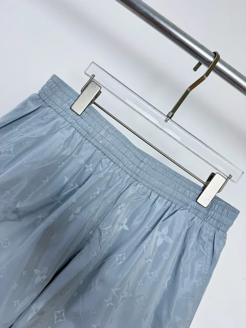 View 5 of Light Blue Satin Shorts with LV Monogram Print