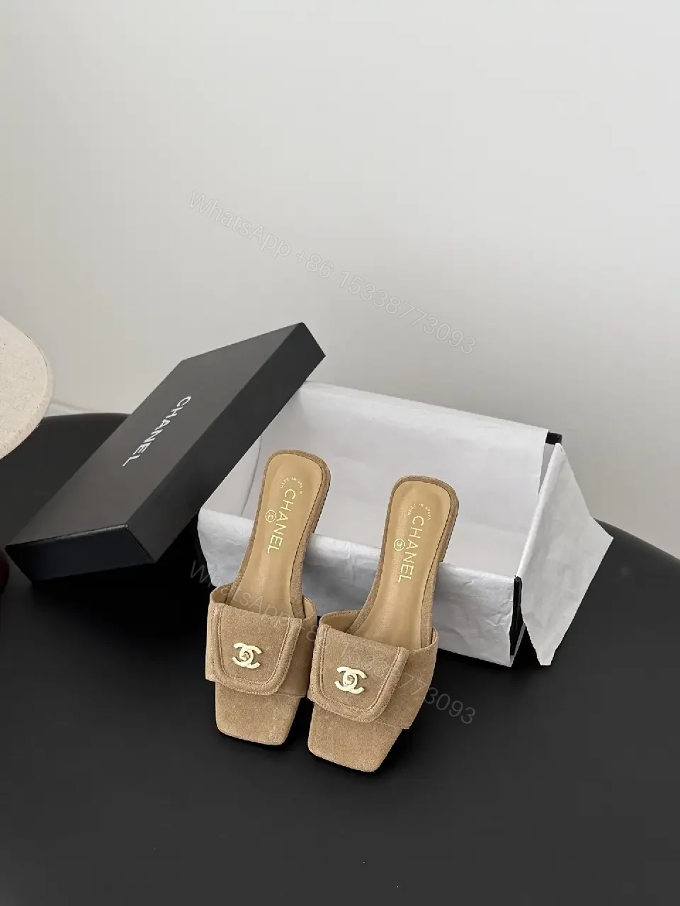 View 8 of Suede Mules with Gold Logo - Chic Luxury, Open-Back Style