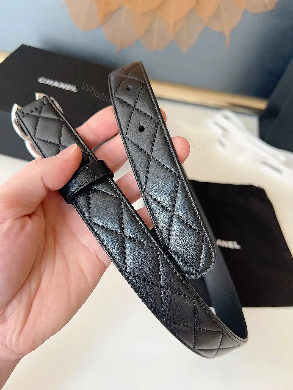 View 8 of Quilted Leather Belt, Double Buckle, Black, Minimal Luxury