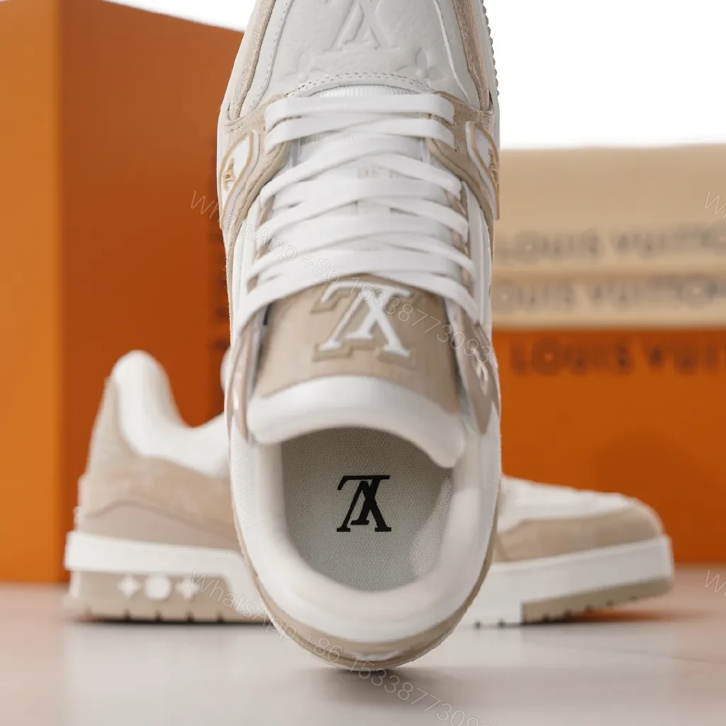 View 9 of Neutral-Tone Suede Leather Sneakers with Subtle LV-Inspired Detailing