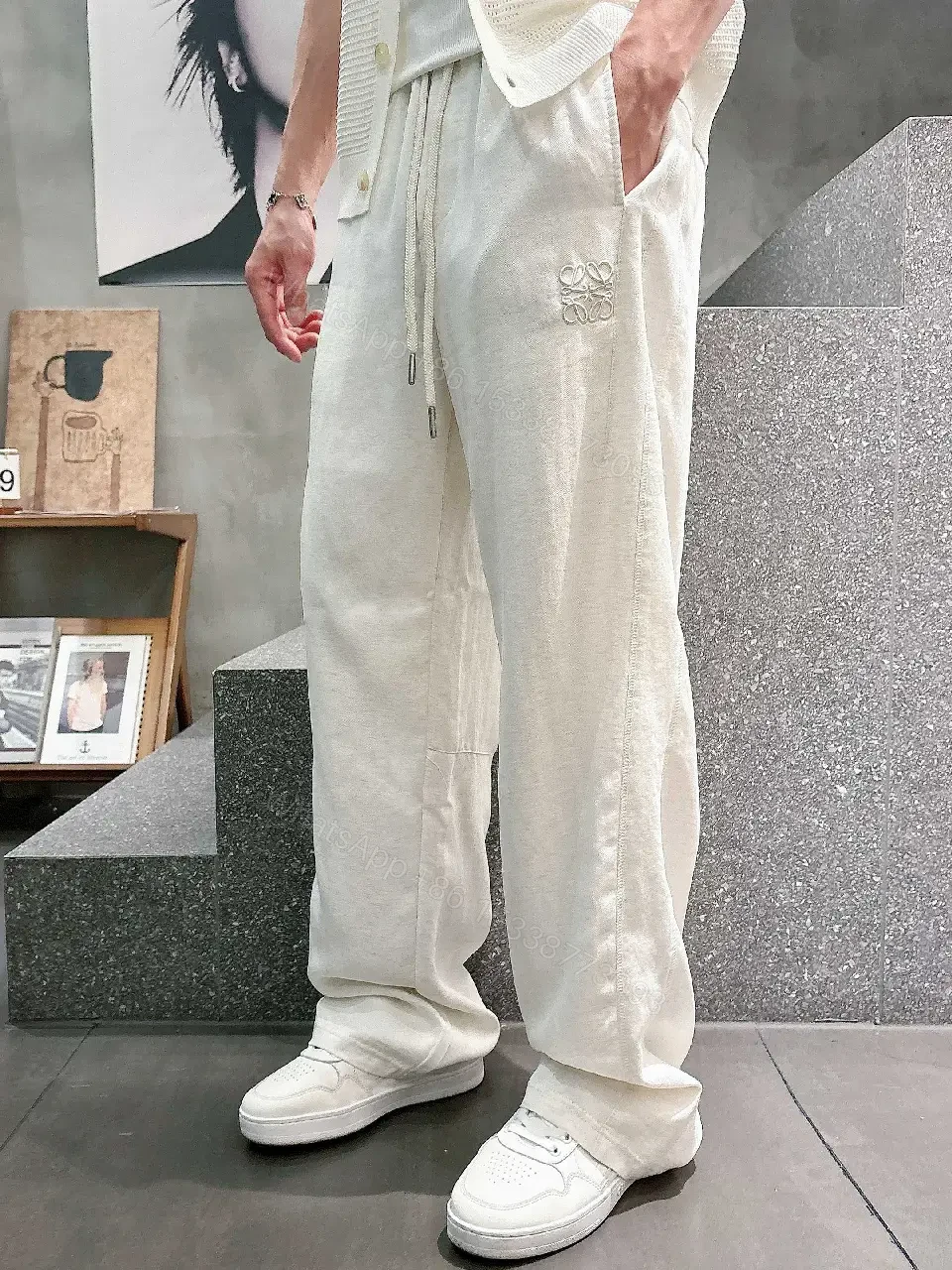 View 6 of Off-White Cream Linen-Look Wide-Leg Drawstring Pants