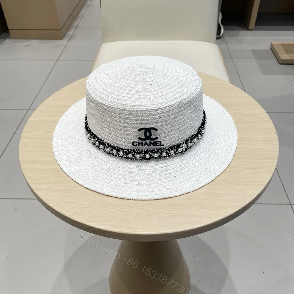 White Straw Hat - Braided Texture, Chain Detail, Wide Brim — view 1