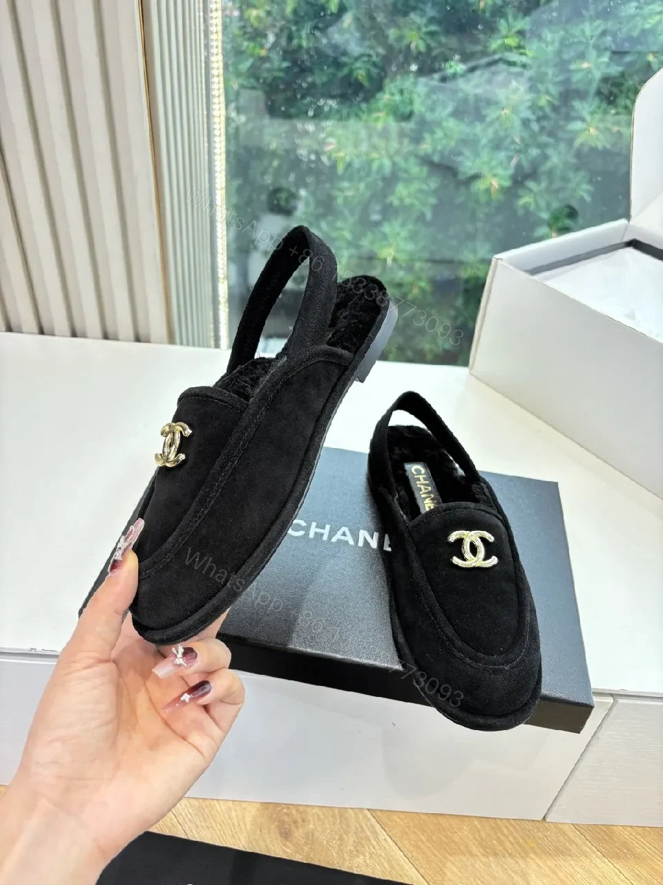 View 5 of Black Suede Loafers with Gold Logo Hardware