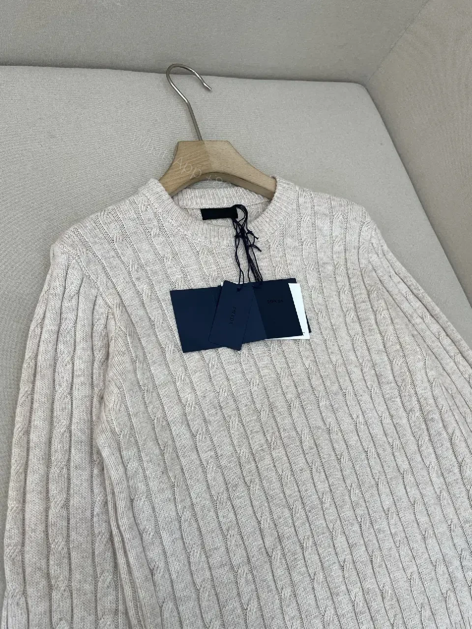 View 9 of Neutral Cable-Knit Crewneck Sweater with Texture