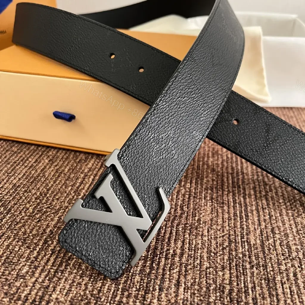 View 5 of Black Leather Belt Matte LV Buckle Slim Width - Center Front