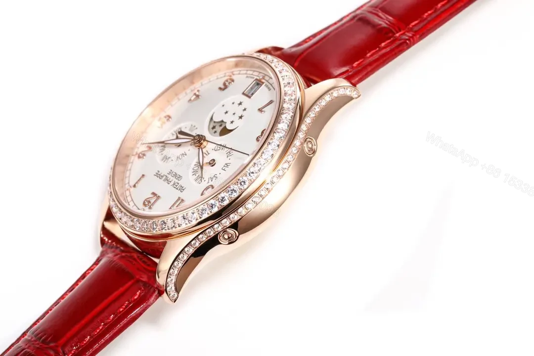 View 6 of Patek Philippe Complications Collection Annual Calendar Moon Phase Women’s Watch in Rose Gold with Diamond Set Case Red Leather Strap and Mother of Pearl Dial