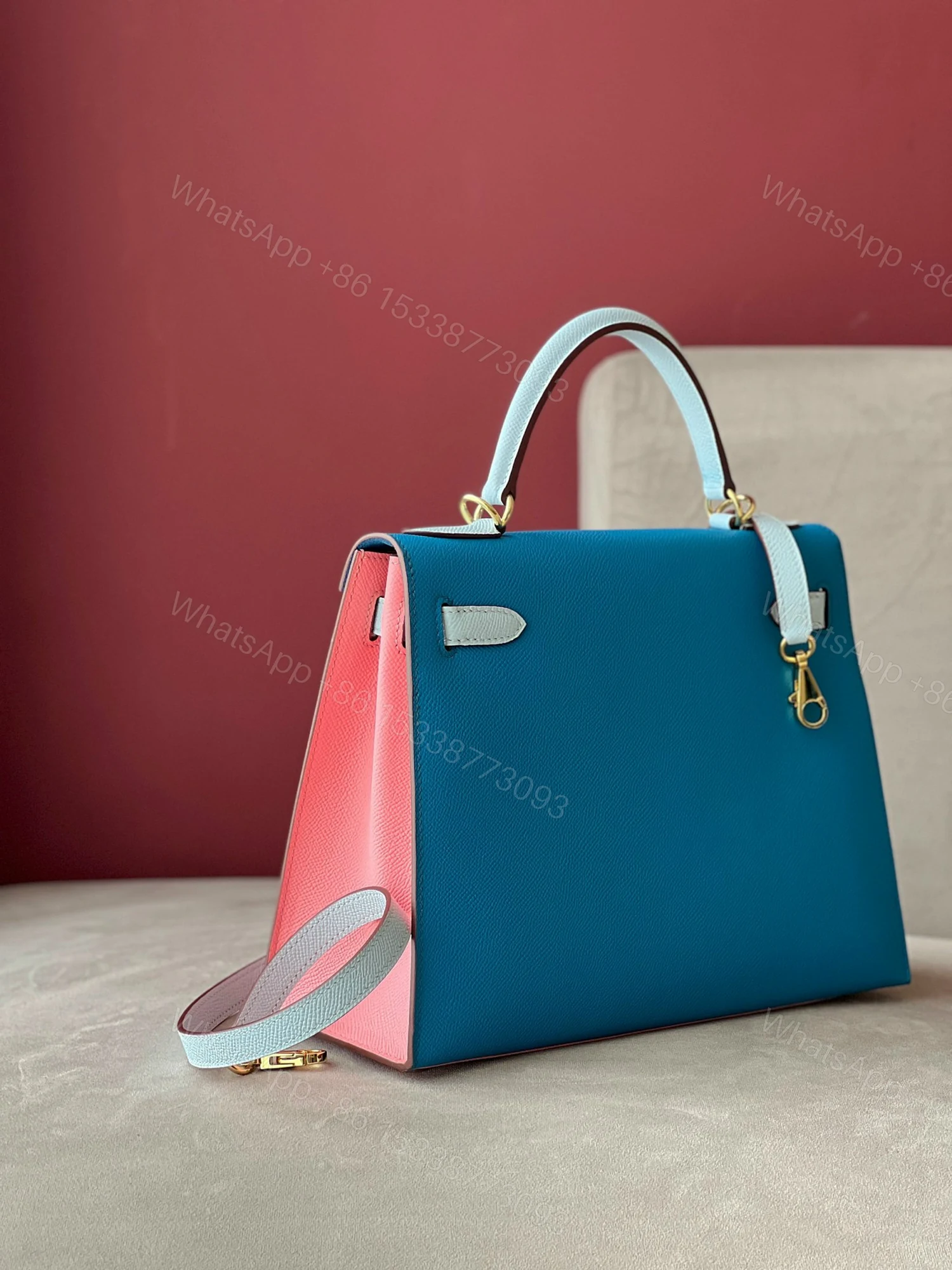 View 4 of Hermes Kelly 28 Epsom Light Blue/ Electric Blue/Rose Pink Gold Hardware