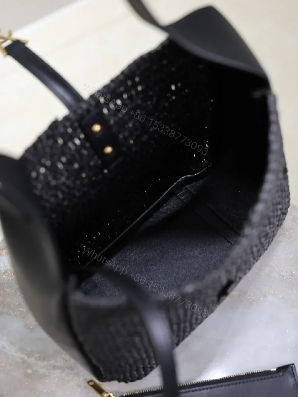 View 4 of Compact Woven Leather Hobo with Chain-Accent Black Leather Bag