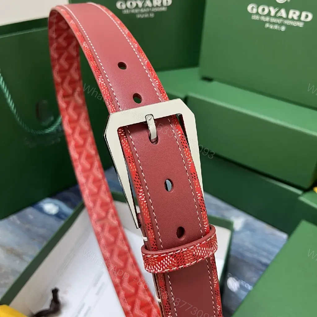 View 6 of Red Leather Belt with Signature Pattern Textile Buckle