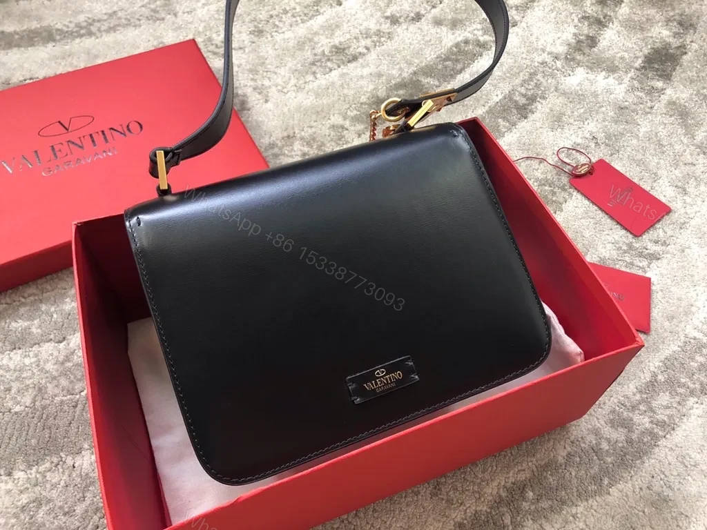 View 7 of Chic Black Leather Bag: Gold Chain, Valentino-Inspired Luxury Bag