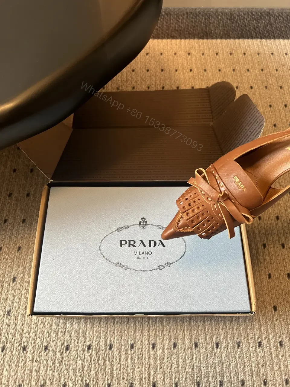View 10 of Brown Leather Slingback Sandals Classic Style Open-Toe Prada Box Pair