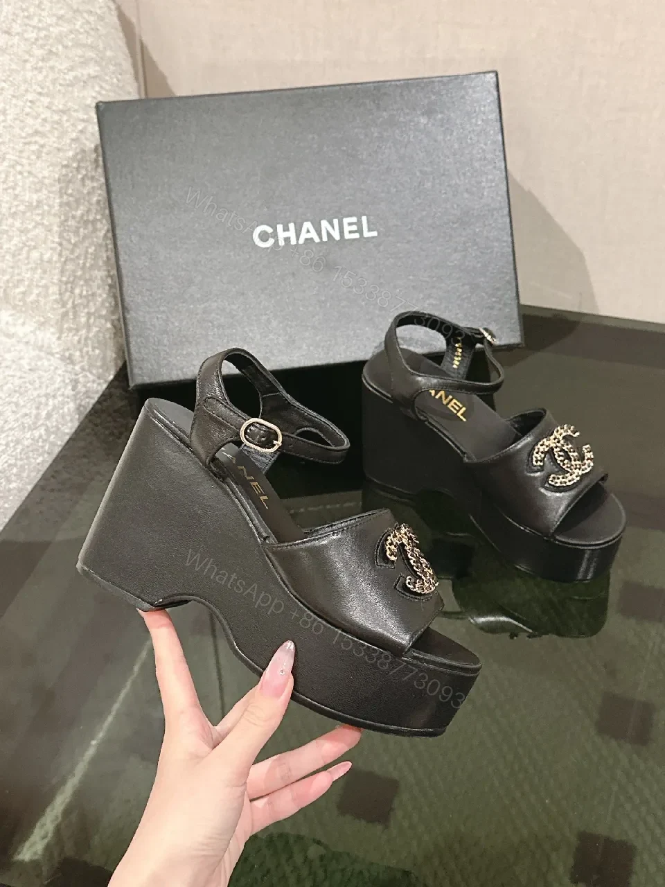 View 9 of Black Leather Block Heel Sandals with Logo Charm, Open Toe, Ankle Strap