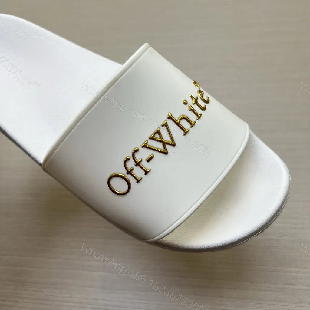 View 3 of White Slide Sandals: Gold-Embroidered Logo, Luxe Minimalist Comfort