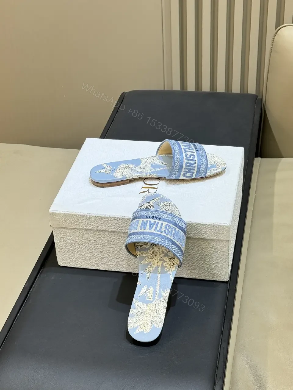 View 3 of Blue Denim Slide Sandals Palm Print Christian Dior Style Logo Strap Sandals