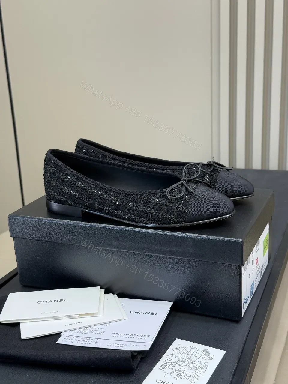 View 5 of Textured Black Ballet Flats with Satin Bow, Luxury Style, Comfort-Hub Flats