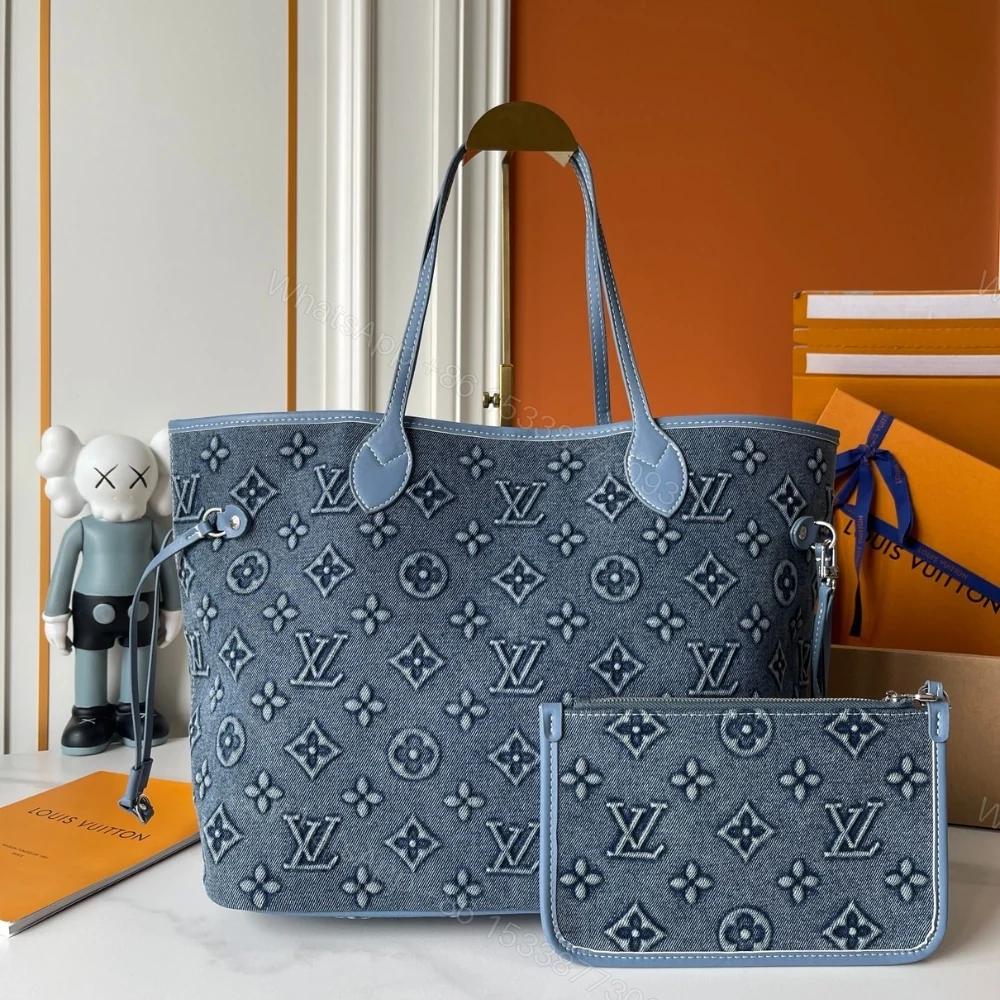 View 2 of Louis Vuitton Neverfull MM Bag Monogram Denim Blue 32Cm