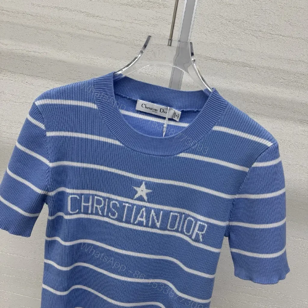 View 9 of Blue Stripes Knit Tee - Elevated Casual Luxury Knit Top