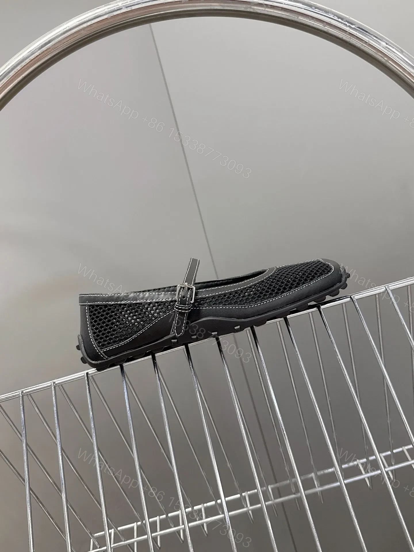View 4 of Hermes Women Black Mesh Leather Mary Janes