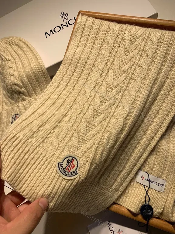 View 6 of Beige Ribbed Knit Beanie & Scarf Set â€“ Moncler Luxury Winter Accessory