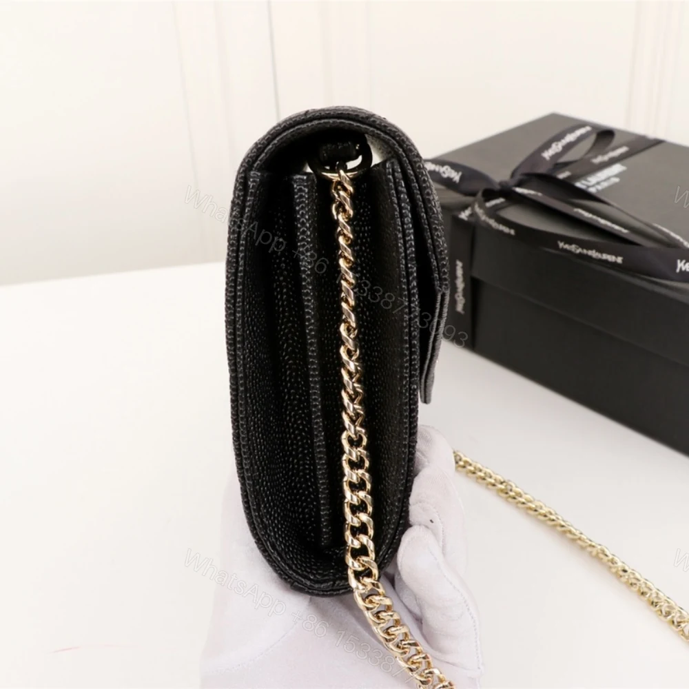 View 6 of Saint Laurent Cassandre Matelassé Chain Wallet In Grain De Poudre Embossed Black Gold 22Cm