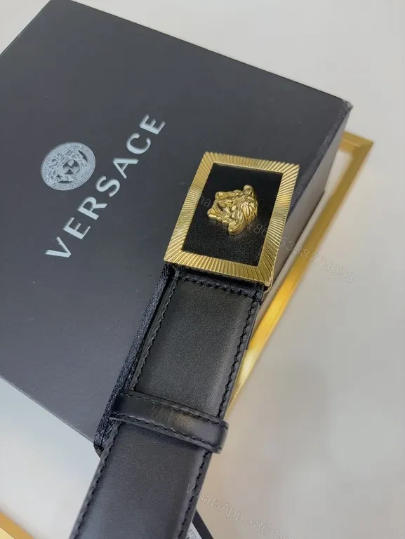 View 3 of Versace Black Leather Belt with Gold Medusa Buckle