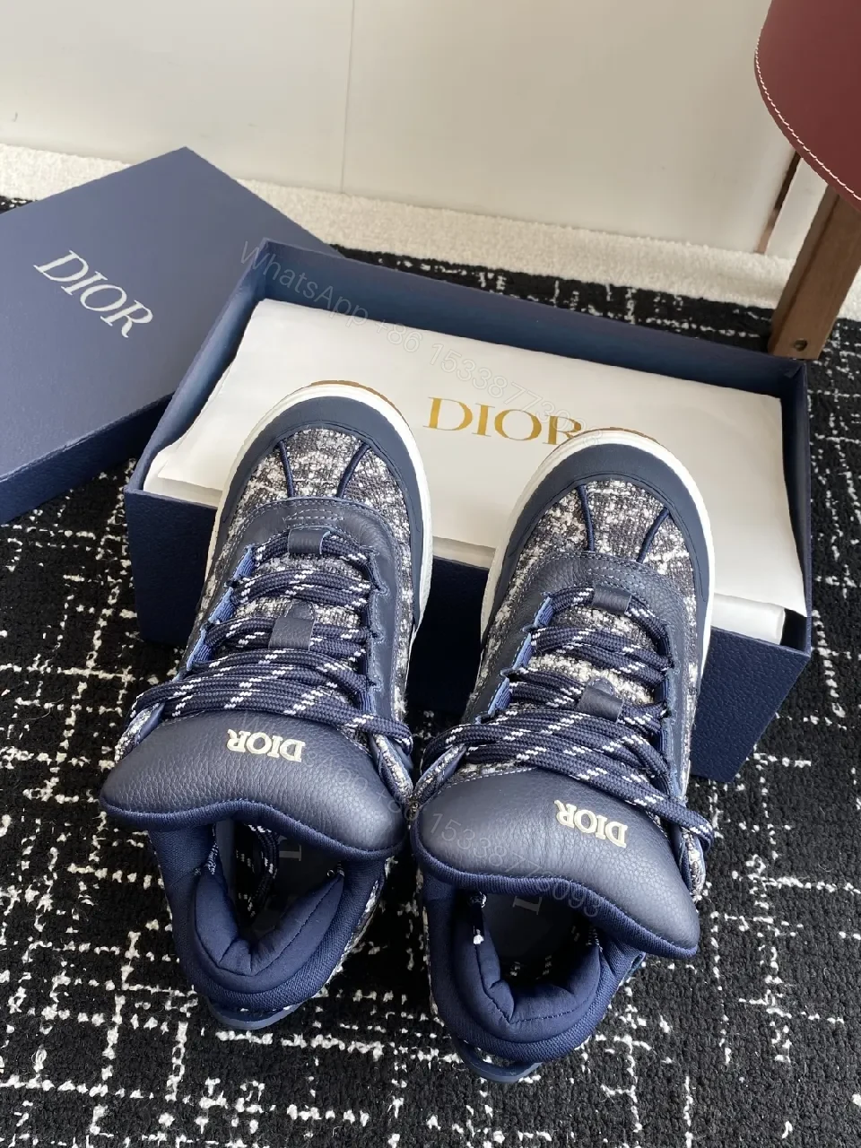 View 6 of Navy Tweed-Texture High-Top Sneakers with Luxe Accents