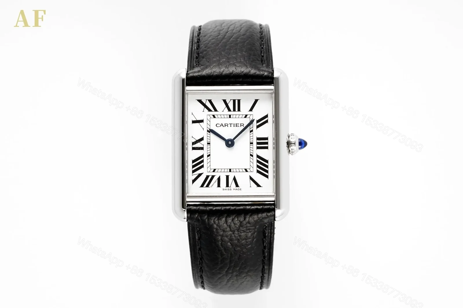 BV Factory Cartier Tank Solo Quartz Watch – Silver Case, Black Leather Strap, White Dial, Blue Hands — view 1