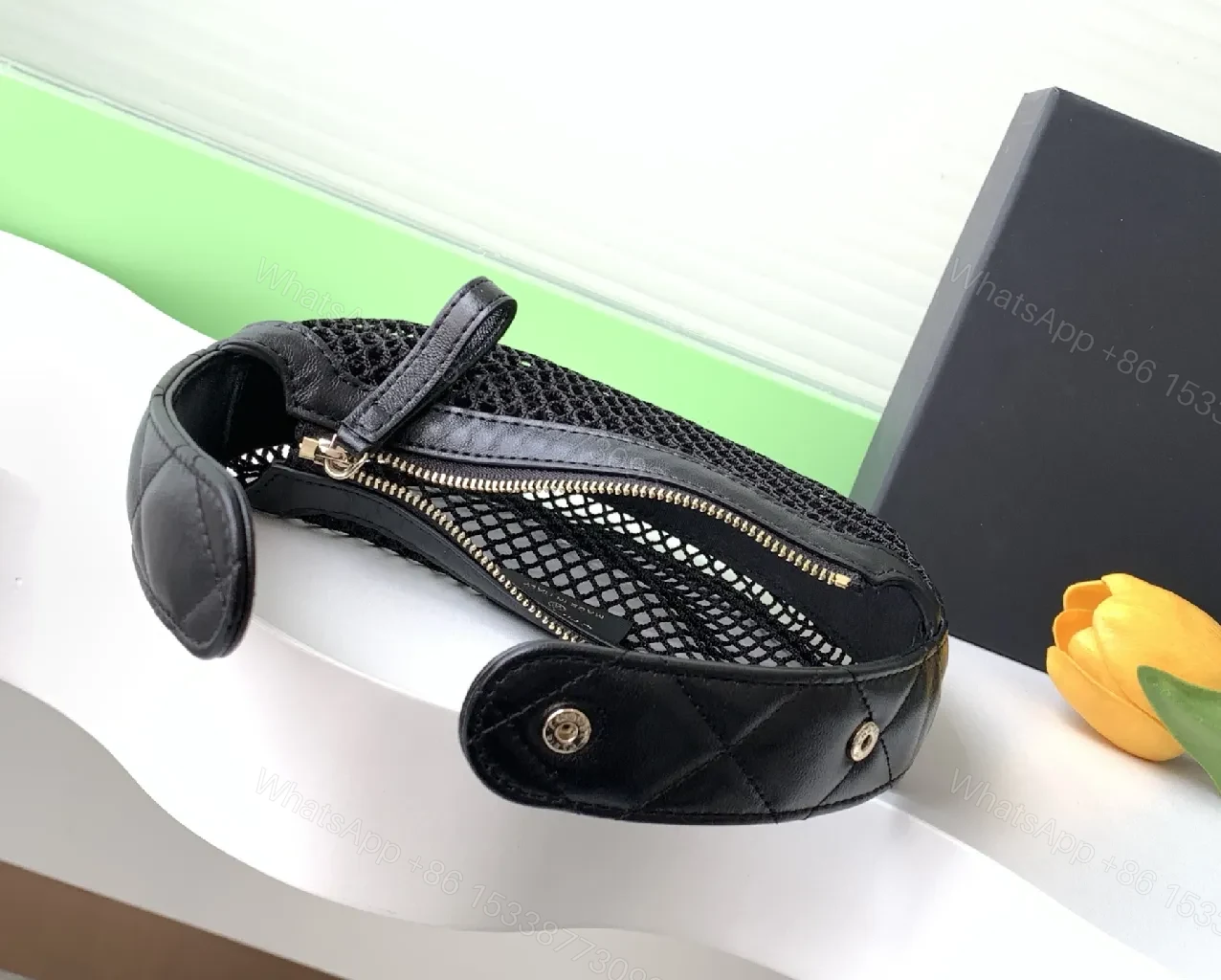 View 9 of Compact Mesh Satchel — Leather Trim, Gold Emblem, Everyday Luxe