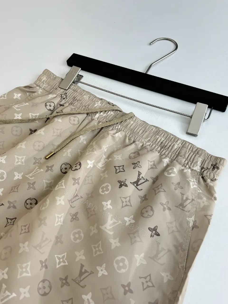 View 2 of Beige LV Monogram Print Linen Shorts Casual Comfort Jogger shorts