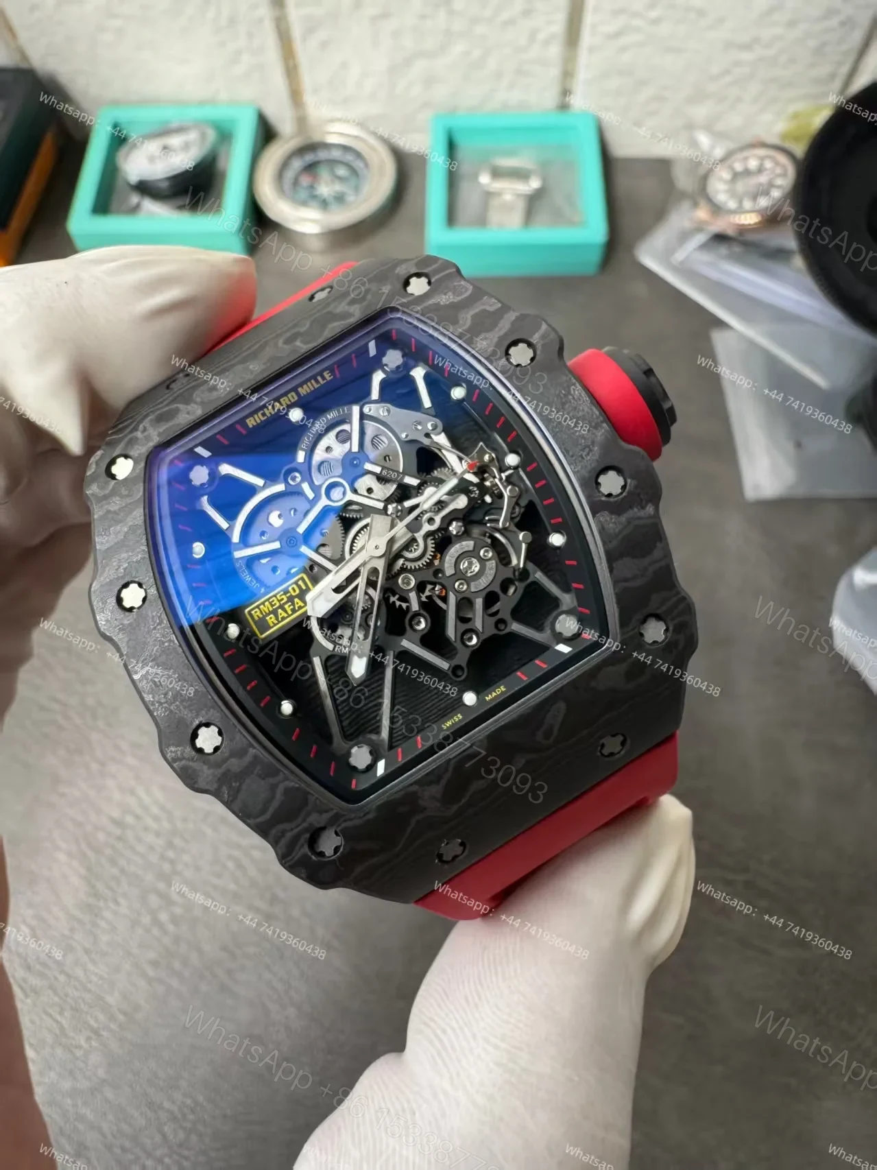 View 6 of Super Clone Richard Mille RM 35-01 Carbon TPT Skeleton Red Rubber Strap 1:1 Replica Watch