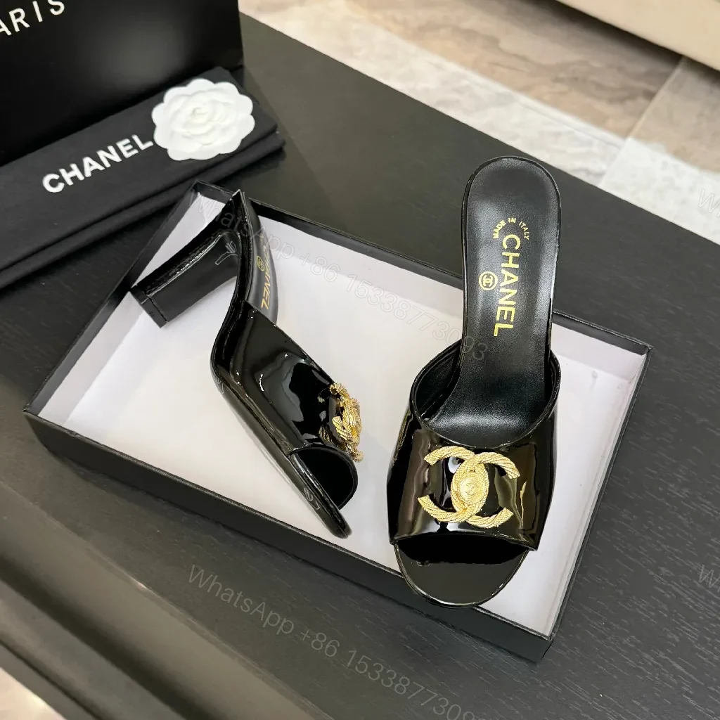 View 5 of Black Patent Mule with Gold Logo Accent – Open-Toe, Block-Heel, Luxury Style