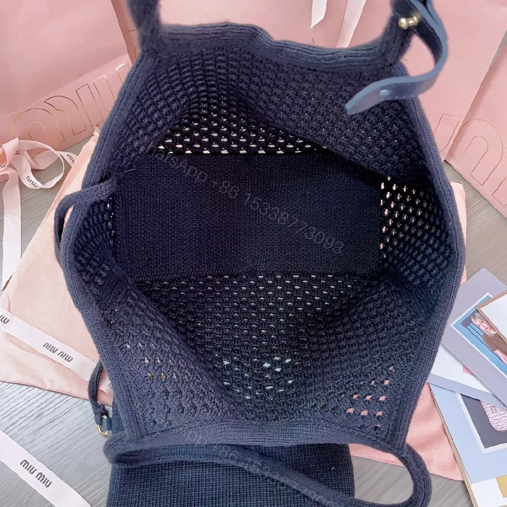 View 2 of Black Crochet Tote, Fine Knit, Minimalist, Logo Embroidery Tote Bag
