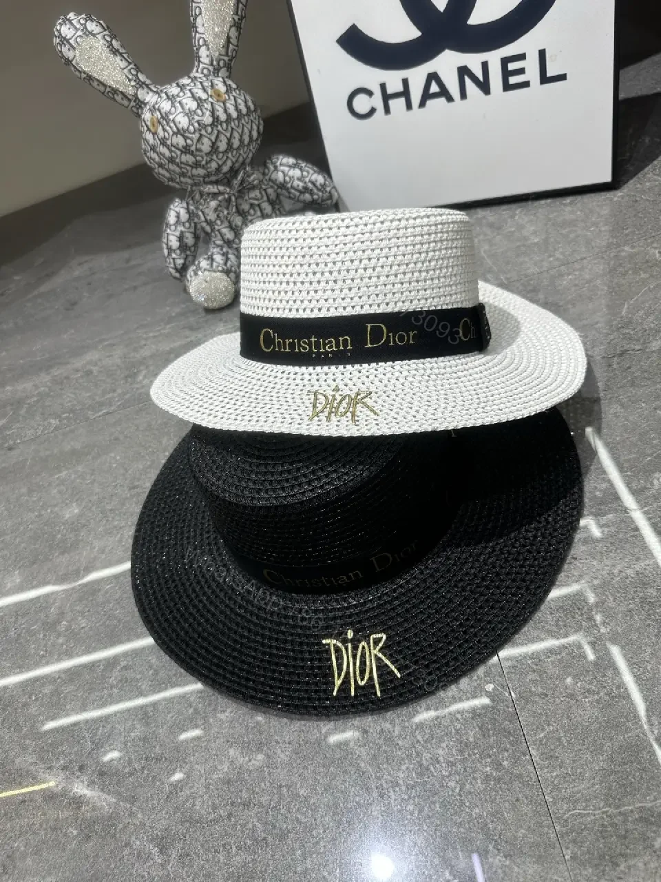 View 5 of Beige Straw Wide-Brim Hat with Dior Band (Emblem)