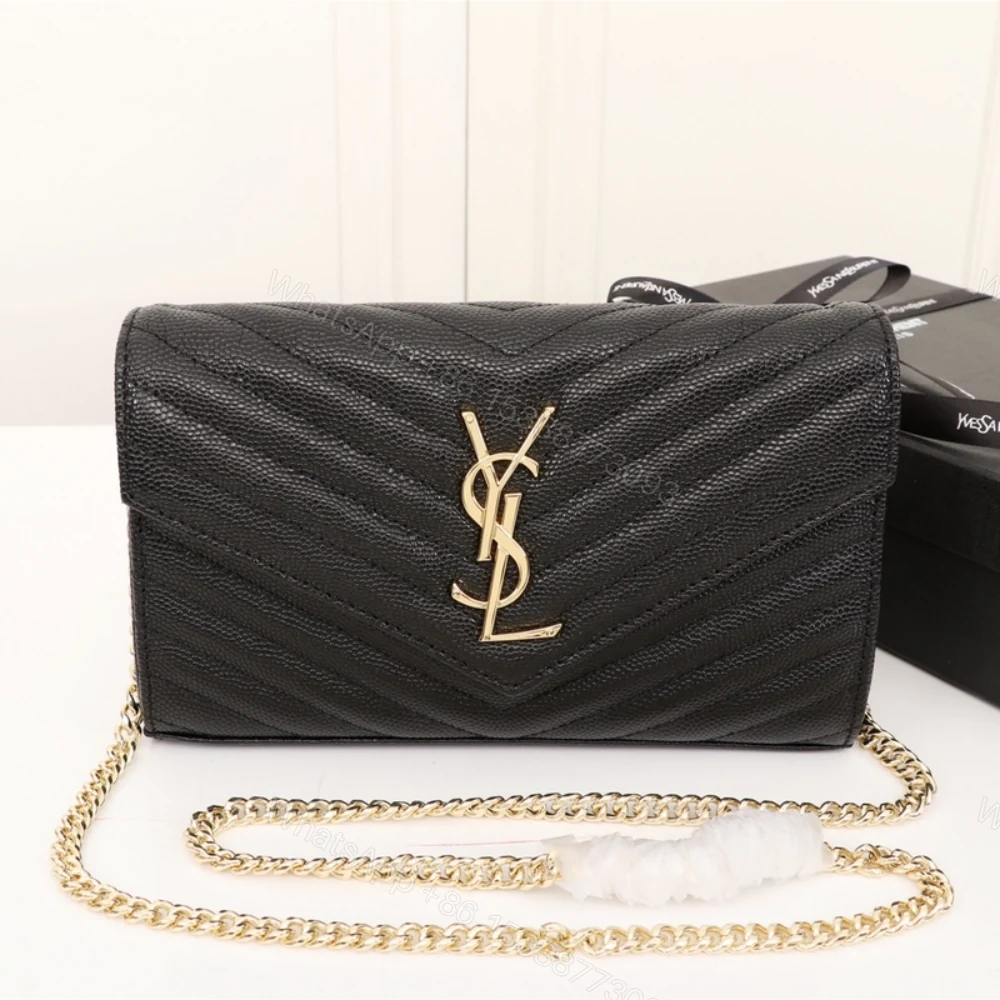 View 2 of Saint Laurent Cassandre Matelassé Chain Wallet In Grain De Poudre Embossed Black Gold 22Cm