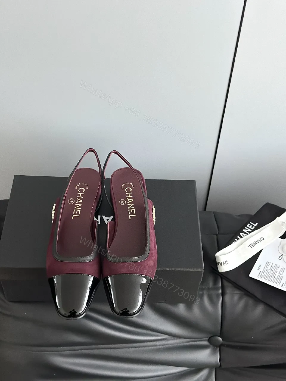 View 2 of Burgundy Suede & Patent Toe Slip-On Flats, Luxe Chic