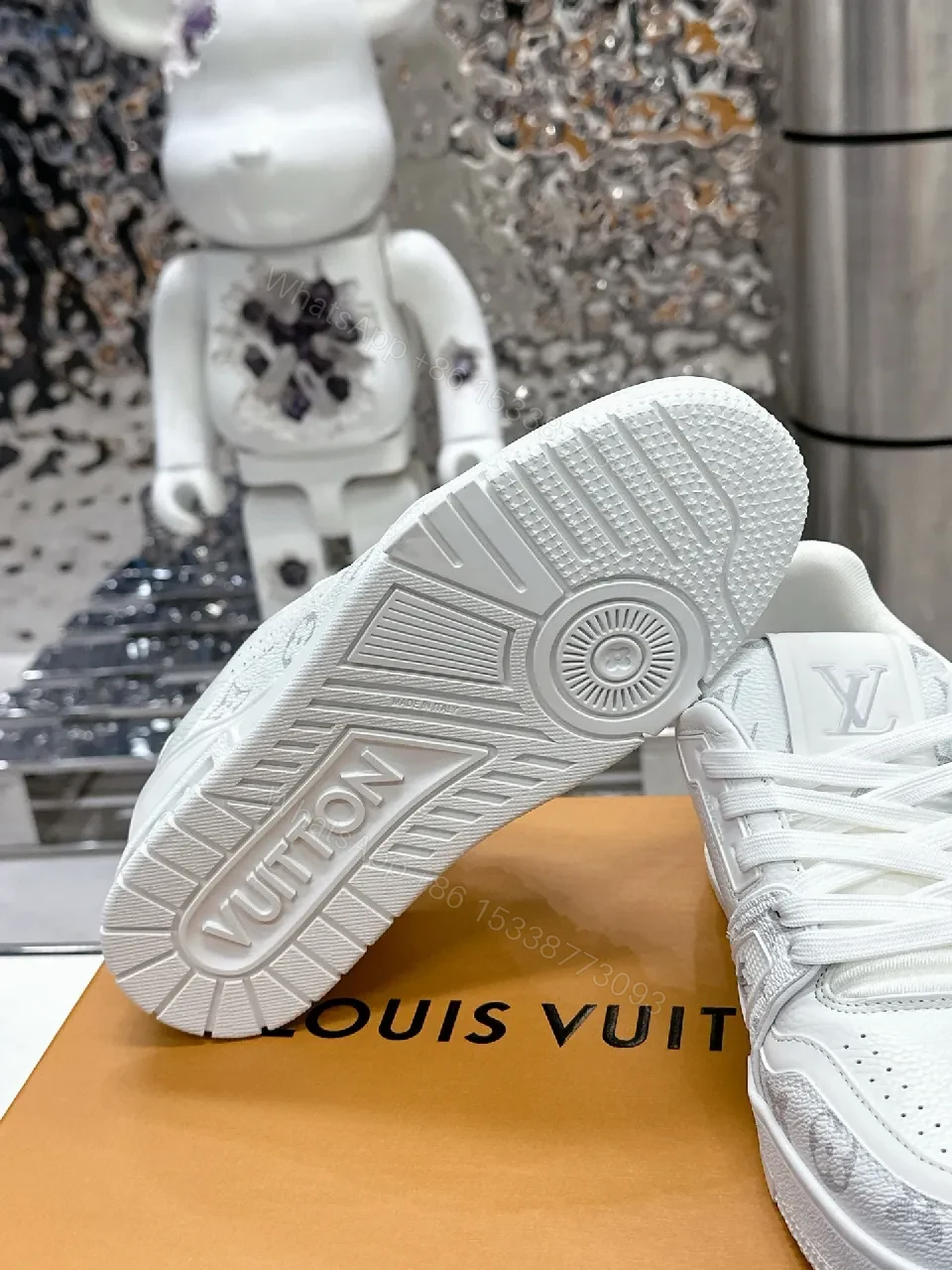 View 9 of Patterned White Leather Luxury Sneakers with Monogram Details