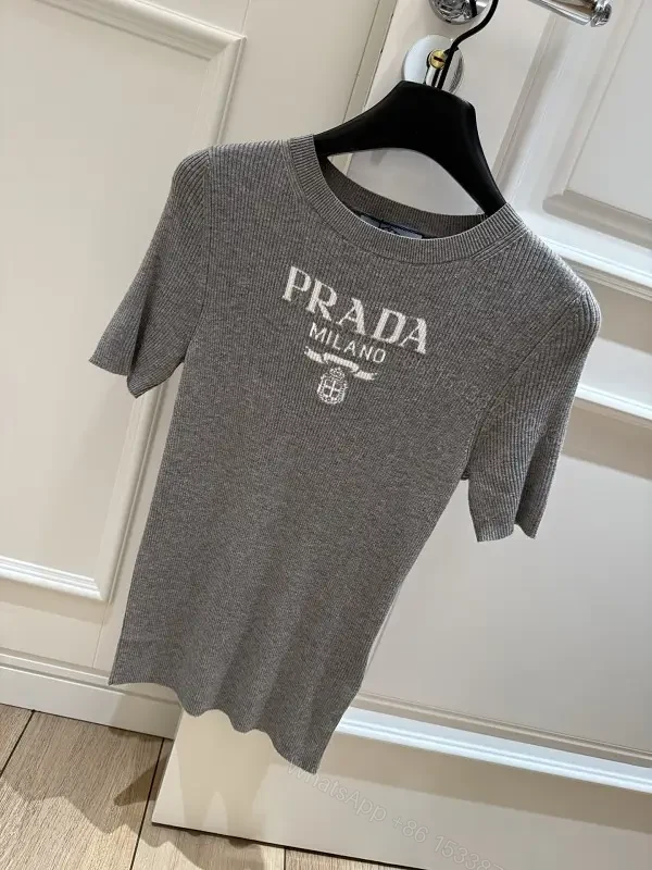 Gray Heather Knit Tee, Relaxed Fit, Fine Rib Texture, Prada Logo — view 1