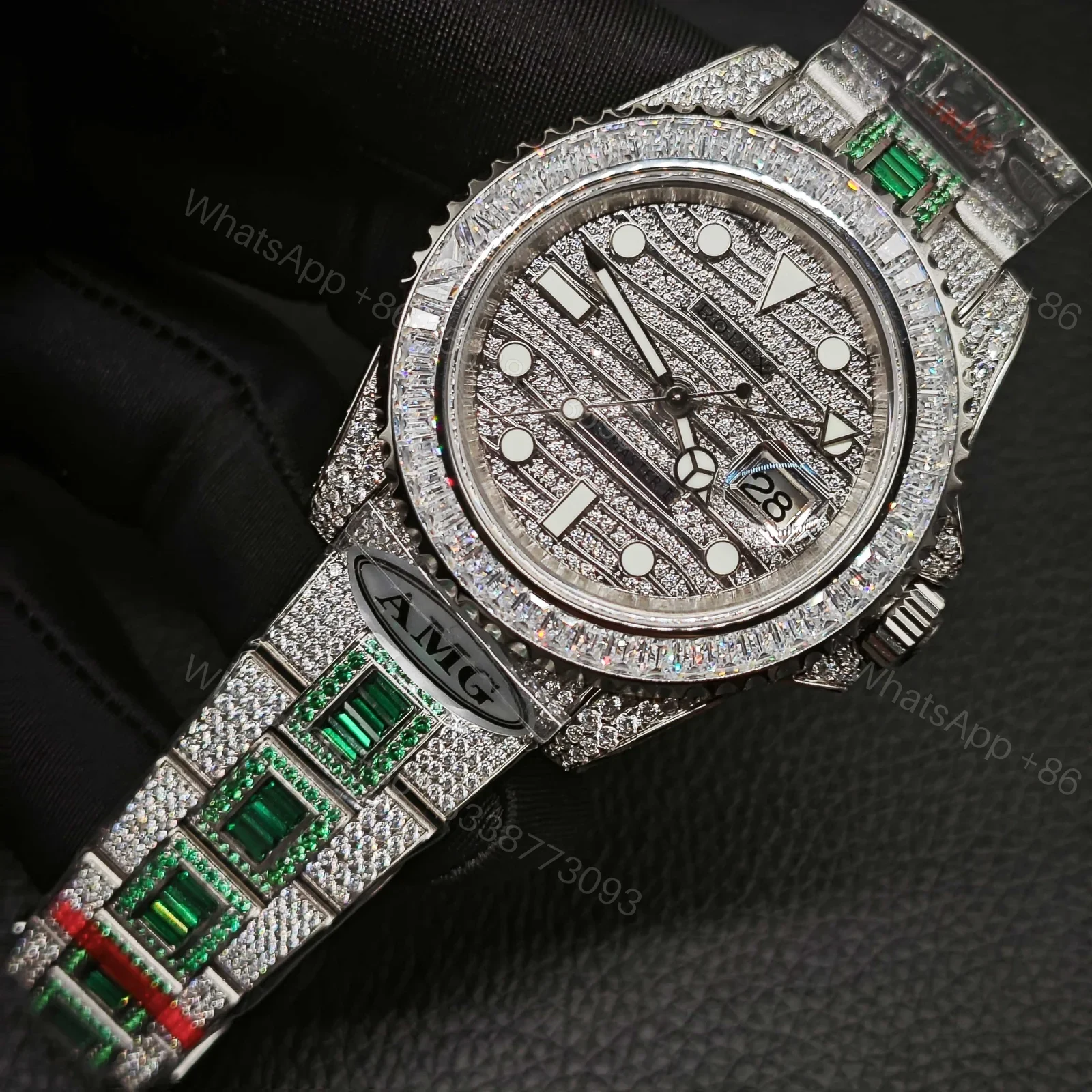 View 3 of Rolex Submariner Meteorite Diamond Replica 40MM Exclusive Green Baguette Steel Bracelet RG-ROLEX-SUB-METEORITE-GREEN-40