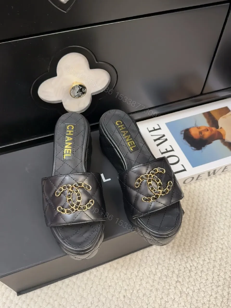 View 3 of Chic Quilted Mules: Black Vegan Leather, Gold Logo Slide