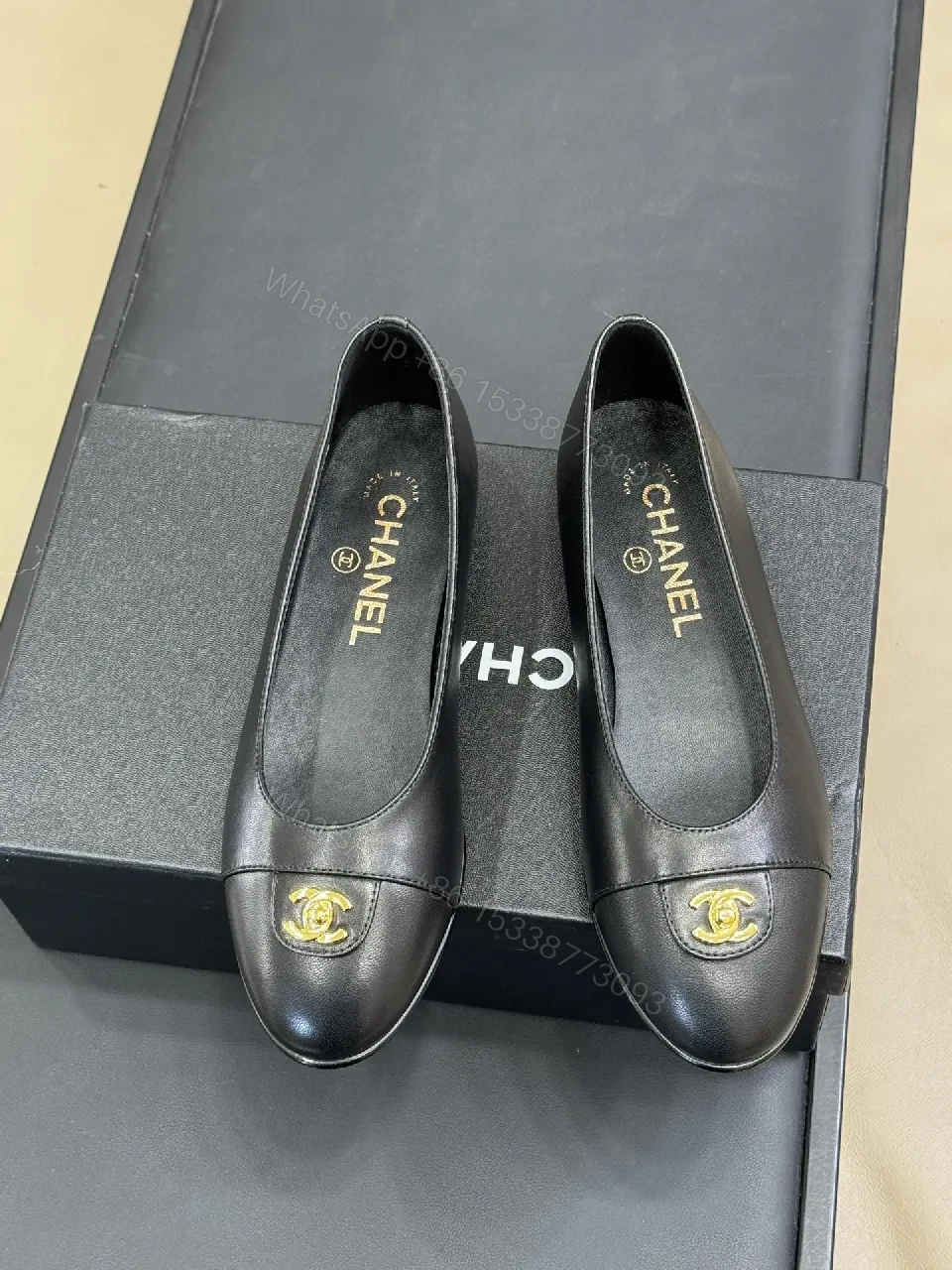 View 4 of Black Leather Ballet Flats with Gold Logo Detail, Comfortable, Dressy Style