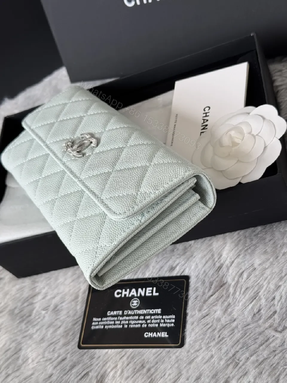 View 2 of Mint Caviar Leather Wallet: Quilted, Bi-Fold, Subtle Shine
