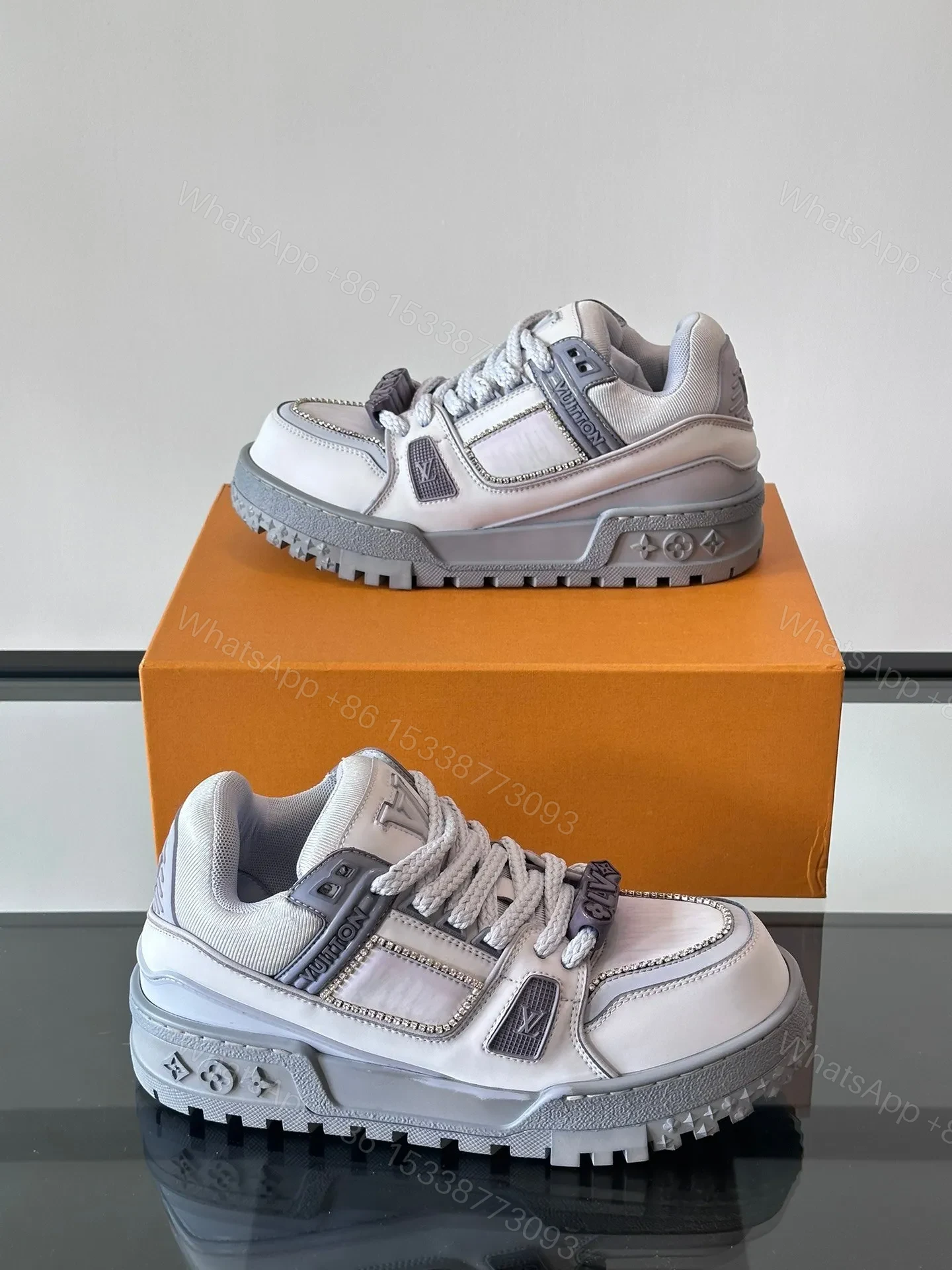 View 4 of LV Men White Leather Gray Accents Sneakers