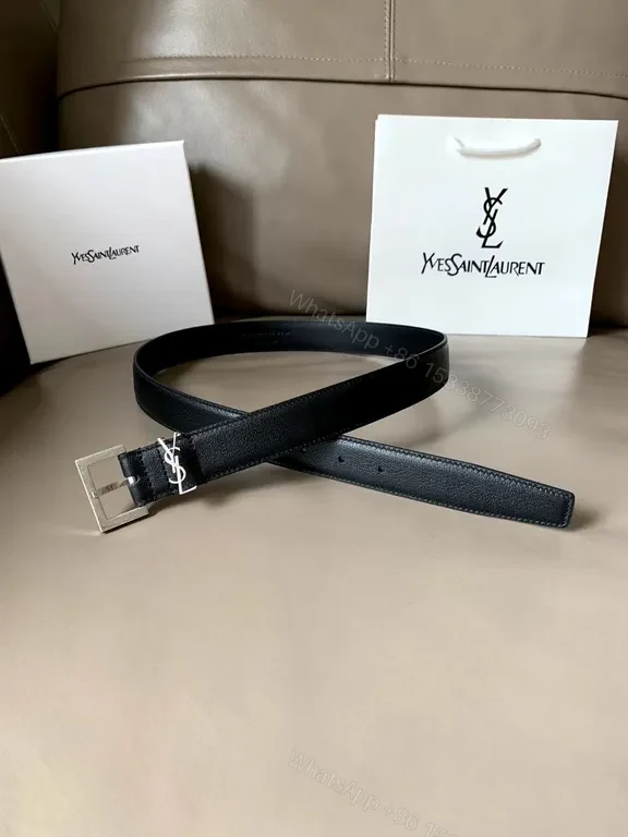 Sleek Black Leather Belt with YSL Buckle – Premium—Mid-Width — view 1