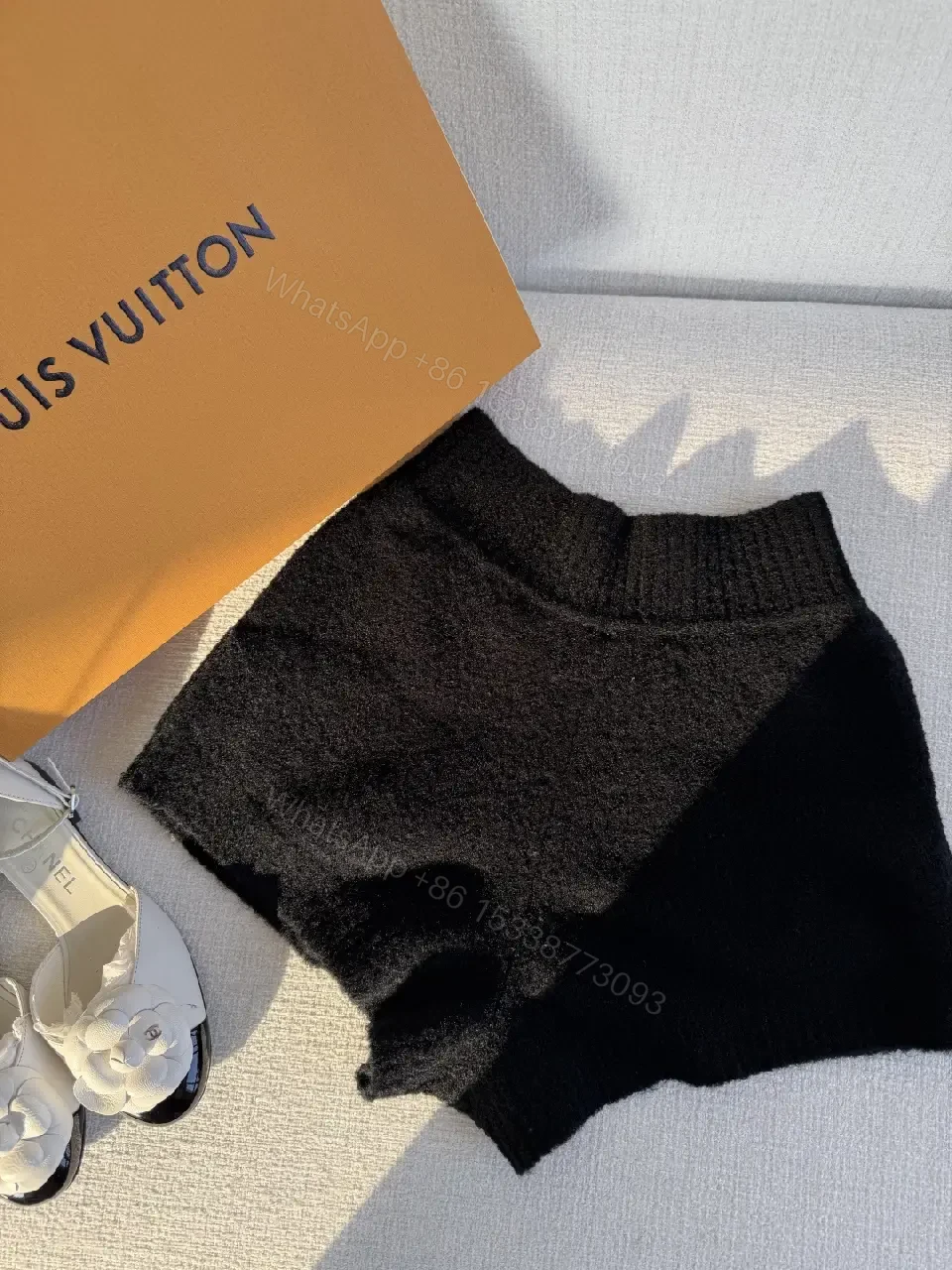 View 5 of Textured Knit Shorts with Subtle LV Accent - Elevated Comfort