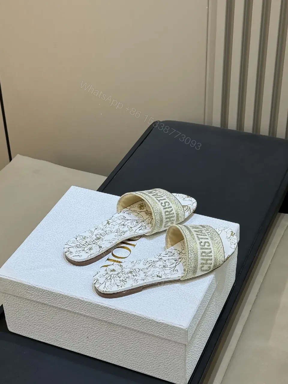 View 2 of White Leather Christian Dior-Style Sandals Slide Shoes
