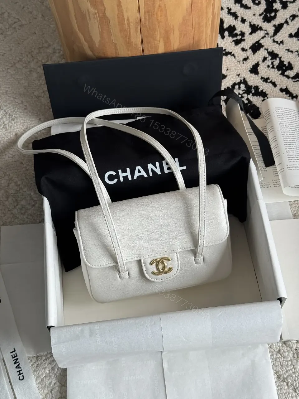 View 4 of White Pebbled Leather Crossbody Bag - Compact Structured Flap with CC Clasp