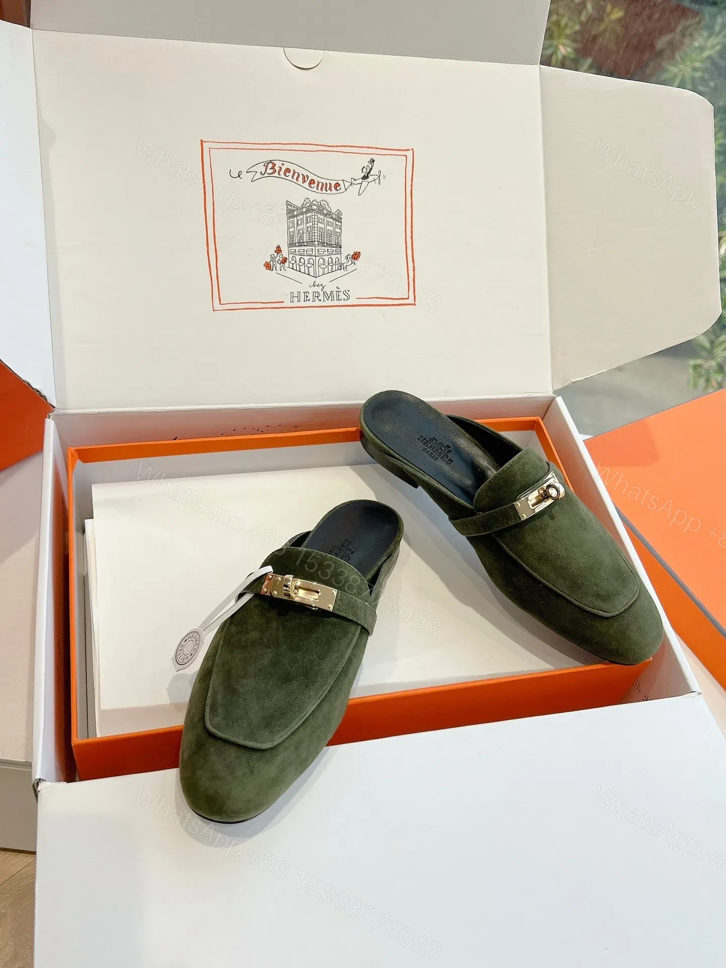 View 5 of Hermes Women Green Suede Mules