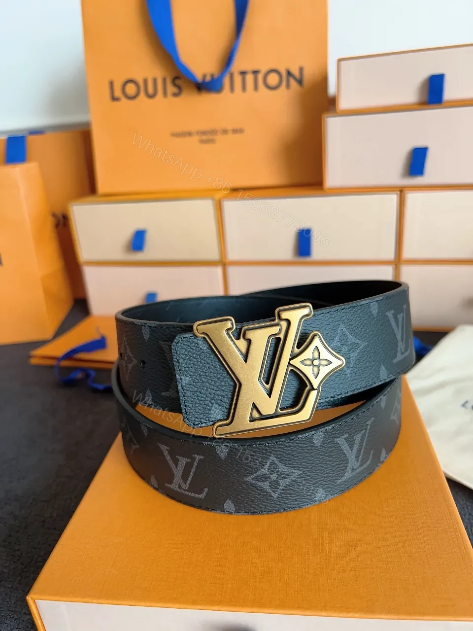 View 2 of Navy Leather Belt + Oversized Gold Buckle + Modern Luxury + Everyday Versatility Belt