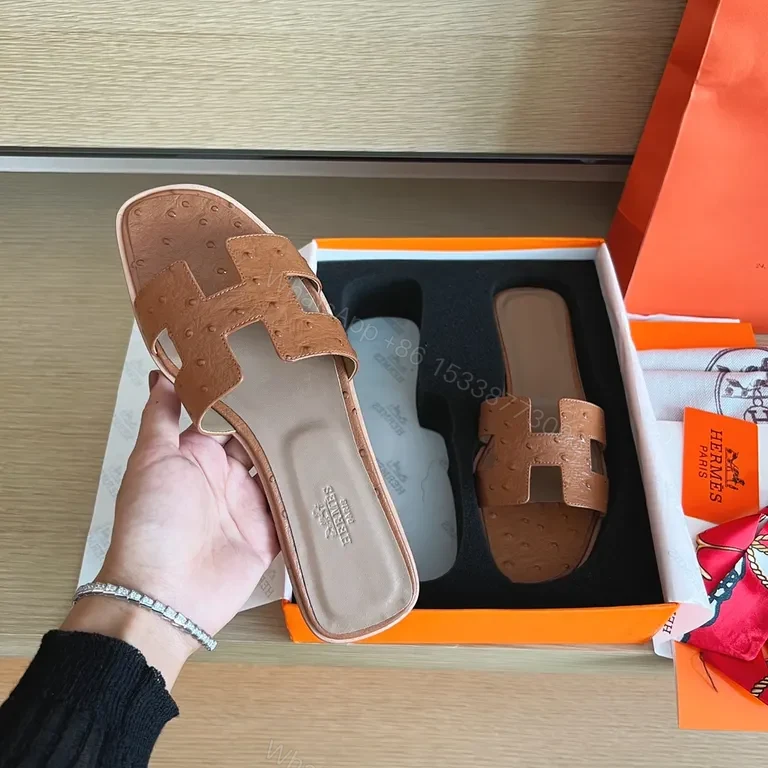 View 7 of Ostrich-Embossed Hermes-Style Sandals: Refined Comfort